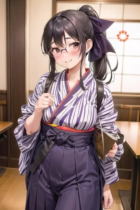 masterpiece, best quality,ultra detail, <lora:anmnr01:0.3> <lora:add_detail:0.5>,<lora:GoodHands-vanilla:0.8>,black longhair,glasses,1girl,blush,embarrassing, <lora:BasyamichiV6:0.7>,BMC,carrying food,restaurant,(yagasuri), japanese clothes, hakama, hakama skirt, realistic, kimono, ponytail, smile, meiji schoolgirl uniform, tasuki, ribbon, hair ribbon,table,foods