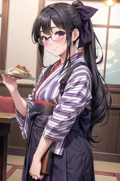 masterpiece, best quality,ultra detail, <lora:anmnr01:0.3>  <lora:add_detail:0.5>,<lora:GoodHands-vanilla:0.8>,black longhair,glasses,1girl,blush,embarrassing, <lora:BasyamichiV6:0.7>,BMC,carrying food,restaurant,(yagasuri), japanese clothes, hakama, hakama skirt, realistic, kimono, ponytail, smile, meiji schoolgirl uniform, tasuki, ribbon, hair ribbon,table,foods