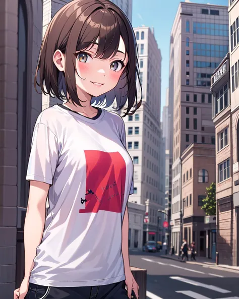 1girl, solo, brown hair, short hair, smile, medium breasts, tshirt, streetwear, masterpiece, best quality, upper body, city