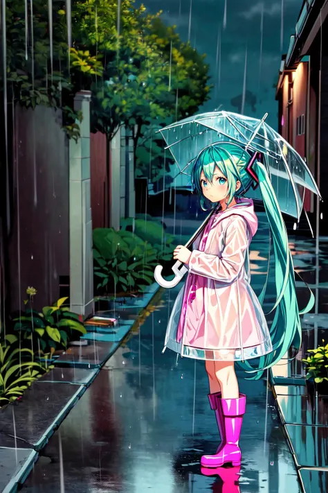 1girl, solo, hatsune miku, , (chibi:0.8), frown, holding umbrella, rain, looking at viewer, rubber boots, raincoat, scenery, pink dress, atmospheric, filmic <lyco:GoodHands-beta2:1.0> <lora:add_detail:1> <lora:epiNoiseoffset_v2:1>