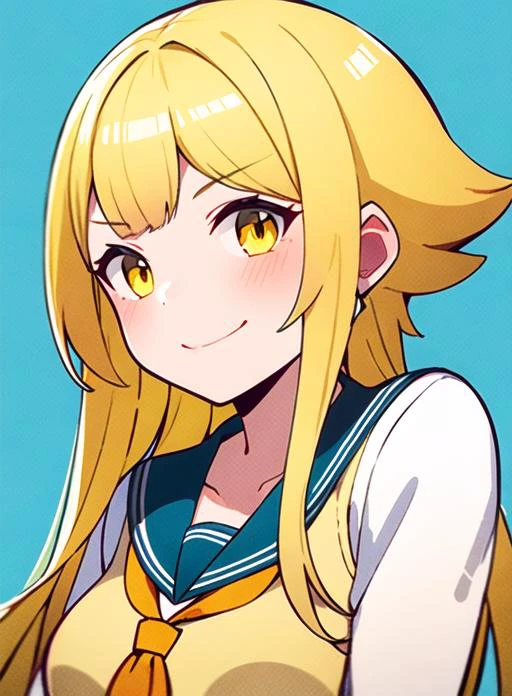1girl, yellow hair, medium breasts, school uniform, yellow eyes, aqua background, upper body, smile