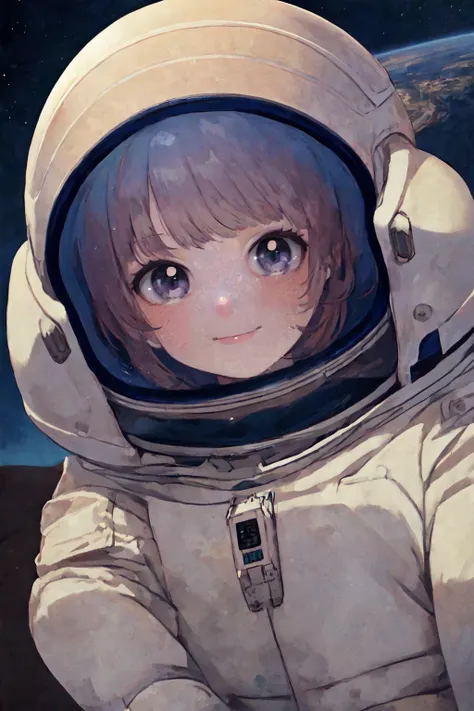 (masterpiece), (best quality), novel illustration, anime, 1girl, solo, full body, 19 years old girl, beautiful face, astronaut, happy face