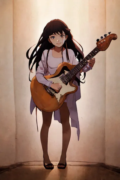 (masterpiece), (best quality), novel illustration, anime, 1girl, solo, full body, 19 years old girl, beautiful face, singer, musician, happy face,