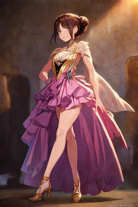 (masterpiece), (best quality), novel illustration, anime, 1girl, solo, full body, 19 years old girl, beautiful face, dancer, hairbun, short latin ballgown, happy face,