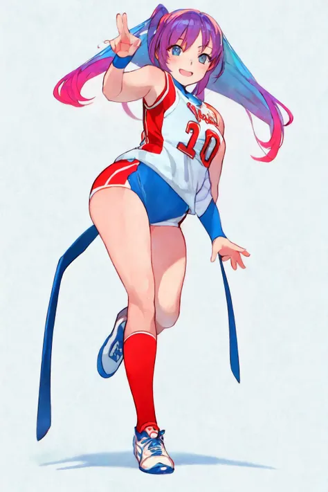 (masterpiece), (best quality), novel illustration, anime, 1girl, solo, full body, 19 years old girl, beautiful face, colorful athletic uniform, colorful legware, happy face, dynamic pose