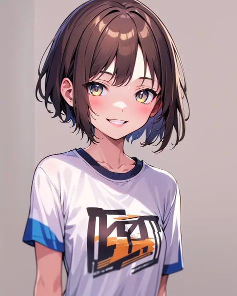 1girl, solo, brown hair, short hair, smile, medium breasts, tshirt, streetwear, masterpiece, best quality, upper body