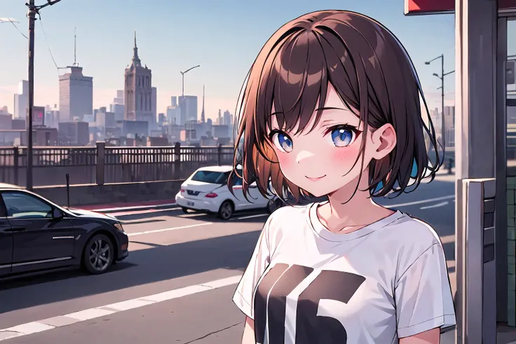 1girl, solo, brown hair, short hair, smile, medium breasts, tshirt, streetwear, masterpiece, best quality, upper body, city