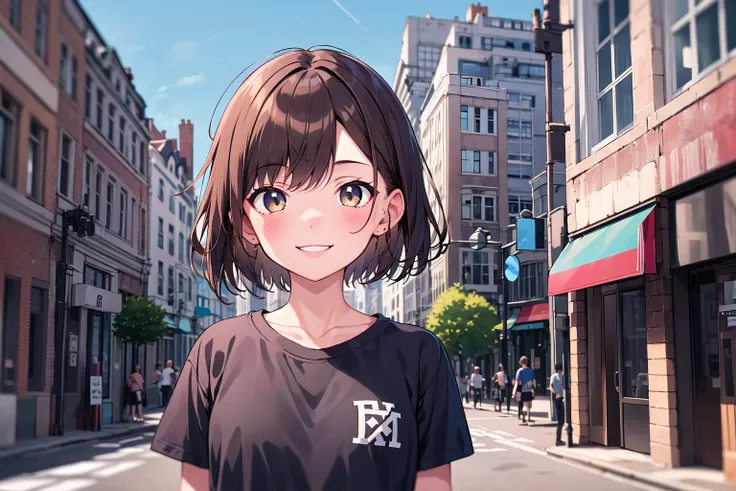 1girl, solo, brown hair, short hair, smile, medium breasts, tshirt, streetwear, masterpiece, best quality, upper body, city