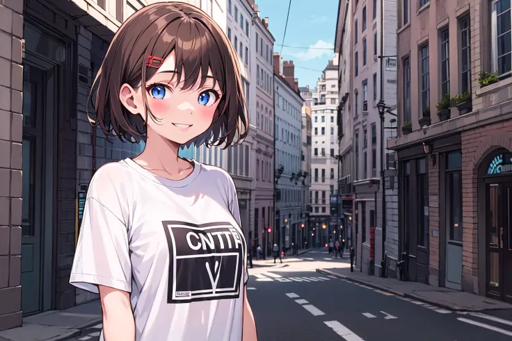 1girl, solo, brown hair, short hair, smile, medium breasts, tshirt, streetwear, masterpiece, best quality, upper body, city