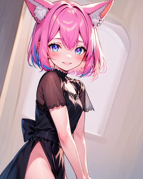 1girl, solo, fox ears, pink hair, short hair, smile, medium breasts, black dress, masterpiece, best quality, upper body