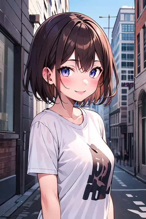 1girl, solo, brown hair, short hair, smile, medium breasts, tshirt, streetwear, masterpiece, best quality, upper body, city