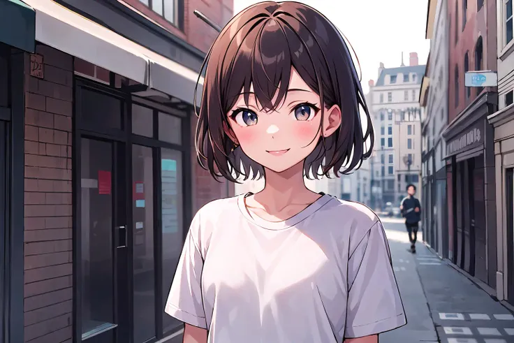 1girl, solo, brown hair, short hair, smile, medium breasts, tshirt, streetwear, masterpiece, best quality, upper body, city