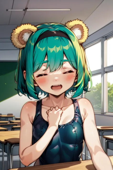 1girl, solo, bear ears, (almost closed eyes:1.27628),, green hair, hairband, upper body, school swimsuit, classroom, medium breasts,