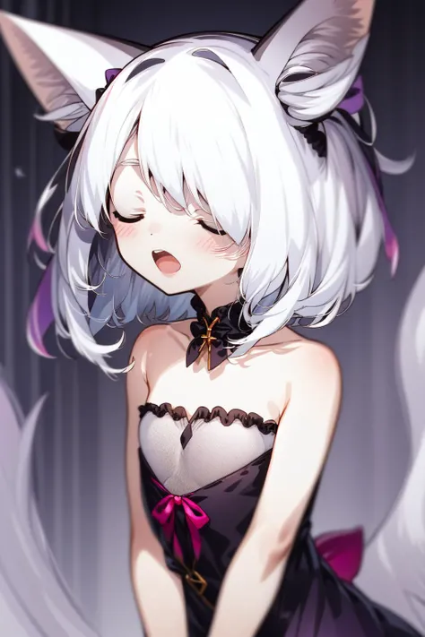 1girl, solo, sheep ears, (no eyes:1.3401),, (white hair:1.79586),, twintails, upper body, pink strapless dress, halloween