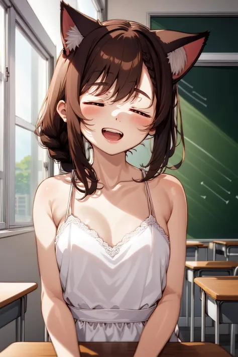 1girl, solo, cat ears, (closed eyes:1.27628),, brown hair, braid, upper body, wedding dress, classroom, medium breasts,