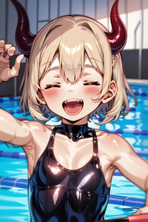 1girl, solo, devil tail, (closed eyes:1.27628),, pale blonde hair, braided bangs, upper body, shiny latex suit, pool