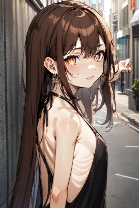 1girl, solo, earrings, (mismatched pupils:1.05),, brown hair, absurdly long hair, upper body, backless outfit, street