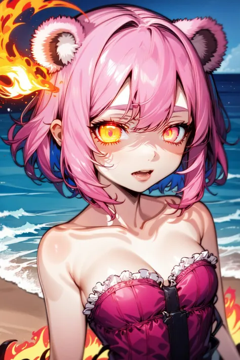 1girl, solo, bear ears, (flaming eyes:1.15763), contracted pupils, pink hair, very short hair, upper body, pink strapless dress, ocean, medium breasts,
