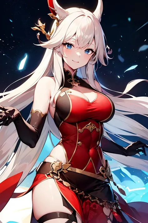 (( (masterpiece),(Very detailedな CG Unity 8k 壁紙),(Half-length photo:1.5), best quality,Cinema Lighting,Reality, Detailed background,Pretty and beautiful eyes,Bright Eyes,(Very elegant and beautiful),(Beautifully detailed eye depiction),Very detailed,masterpiece,high resolution)), Richly decorated armor, Beautiful female warrior, Long hair, Platinum blonde hair, cleveage、Huge breasts、Various actions、All kinds of clothes、Red clothing、Various postures