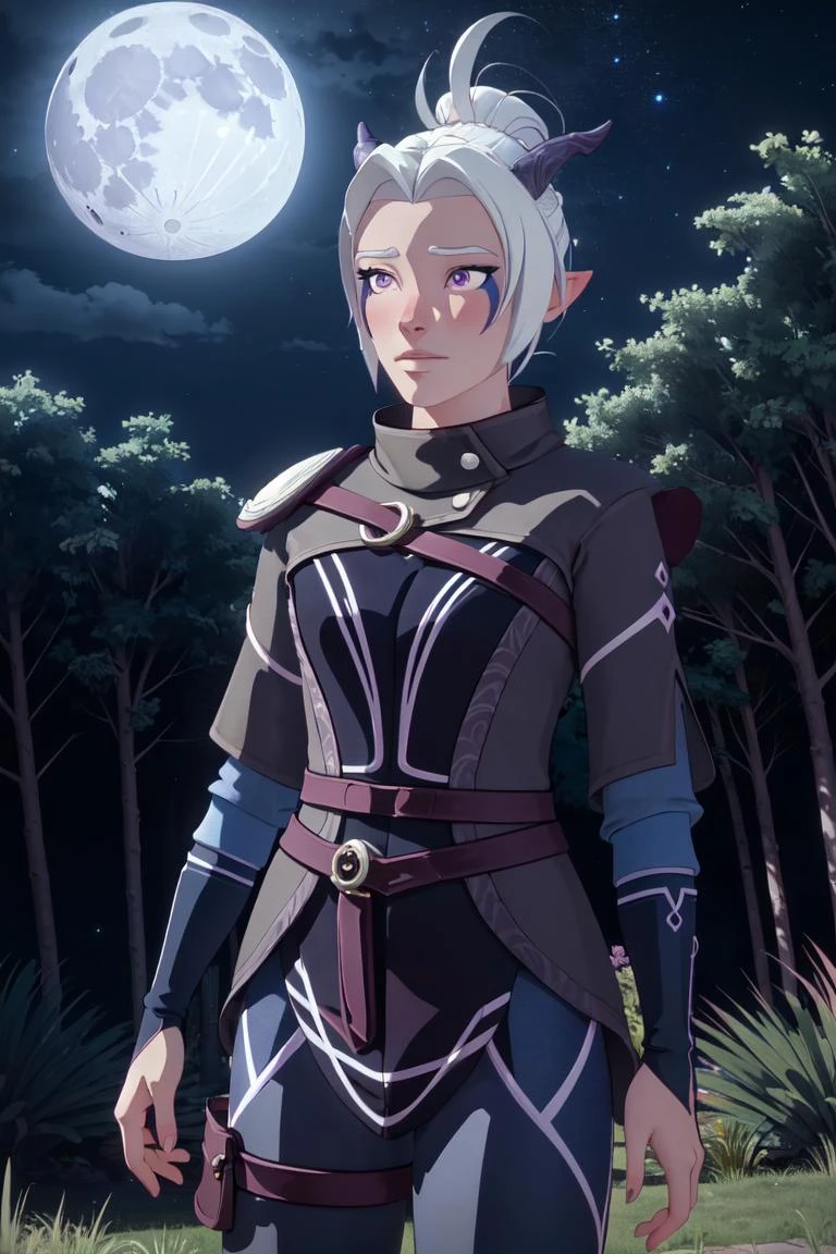Rayla, horns, purple eyes, (night time, moon in background, blue night sky, stars, trees, magical forest), (realistic:1.2), (masterpiece:1.2), (full-body-shot:1.2),(cowboy-shot:1.2), dark romantic lighting, (highly detailed:1.2), (detailed face:1.2), (gradients), colorful, detailed eyes, (natural lighting:1.2), solo, <lora:add_detail:0.3> <lora:DragonPrince_RaylaS4-10:0.8> <lora:BeautifulEyes:0.3>
