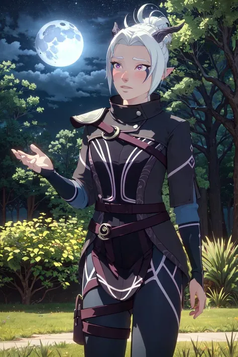 Rayla, horns, purple eyes, (night time, moon in background, blue night sky, stars, trees, magical forest), (realistic:1.2), (masterpiece:1.2), (full-body-shot:1.2),(cowboy-shot:1.2), dark romantic lighting, (highly detailed:1.2), (detailed face:1.2), (gradients), colorful, detailed eyes, (natural lighting:1.2), solo, <lora:add_detail:0.3> <lora:DragonPrince_RaylaS4-10:0.8> <lora:BeautifulEyes:0.3>