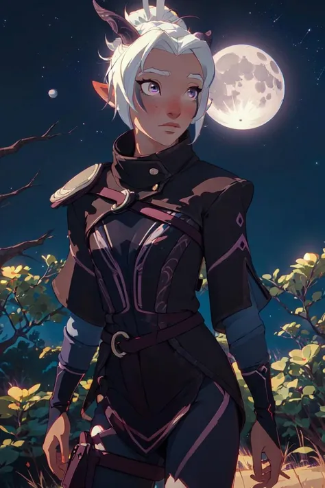Rayla, horns, purple eyes, standing on a cliff, (night time, moon in background, blue night sky, stars, pink cherry blossom trees, magical forest), (realistic:1.2), (masterpiece:1.2), (full-body-shot:1.2),(from below:1.2), dark romantic lighting, (highly detailed:1.2), (detailed face:1.2), (gradients), colorful, detailed eyes, (natural lighting:1.2), solo, <lora:add_detail:0.3> <lora:DragonPrince_RaylaS4-10:0.8> <lora:BeautifulEyes:0.3>