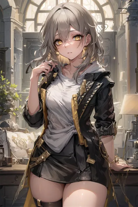 ((masterpiece, sidelighting, finely detailed beautiful eyes:1.2)), ultra-detailed, ultra high res, professional lighting, high quality makeup, beautiful detailed eyes, sexy, beautiful, big eyes, <lora:bengtie_kaituozhe_v1.0:1>, kaituozhe\(character\), (gold eyes:1.2), black jacket, white shirt, skirt, thigh ring, thigh strap,