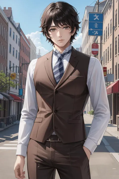 outdoors, city, <lora:zs_Narumi:1> narumidsrk, necktie, vest, pants,