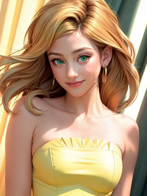 Realistic photo of a beautiful l1l1r woman, 1girl, solo, breasts, looking at viewer, smile, blonde hair, dress, bare shoulders, jewelry, green eyes, upper body, earrings, lips, strapless, realistic, nose, yellow dress, soft lighting, professional Photography, Photorealistic, detailed, RAW, analog, sharp focus, 8k, HD, high quality, masterpiece<lora:l1l1r:1.0>