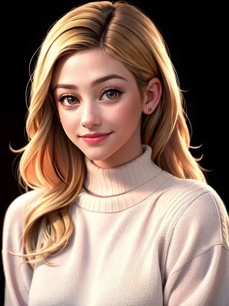 Realistic photo of a beautiful l1l1r woman, 1girl, solo, long hair, looking at viewer, smile, blonde hair, black turtleneck sweater, brown eyes, closed mouth, mole, lips, black background, portrait, mole under mouth, realistic, soft lighting, professional Photography, Photorealistic, detailed, RAW, analog, sharp focus, 8k, HD, high quality, masterpiece<lora:l1l1r:1.0>