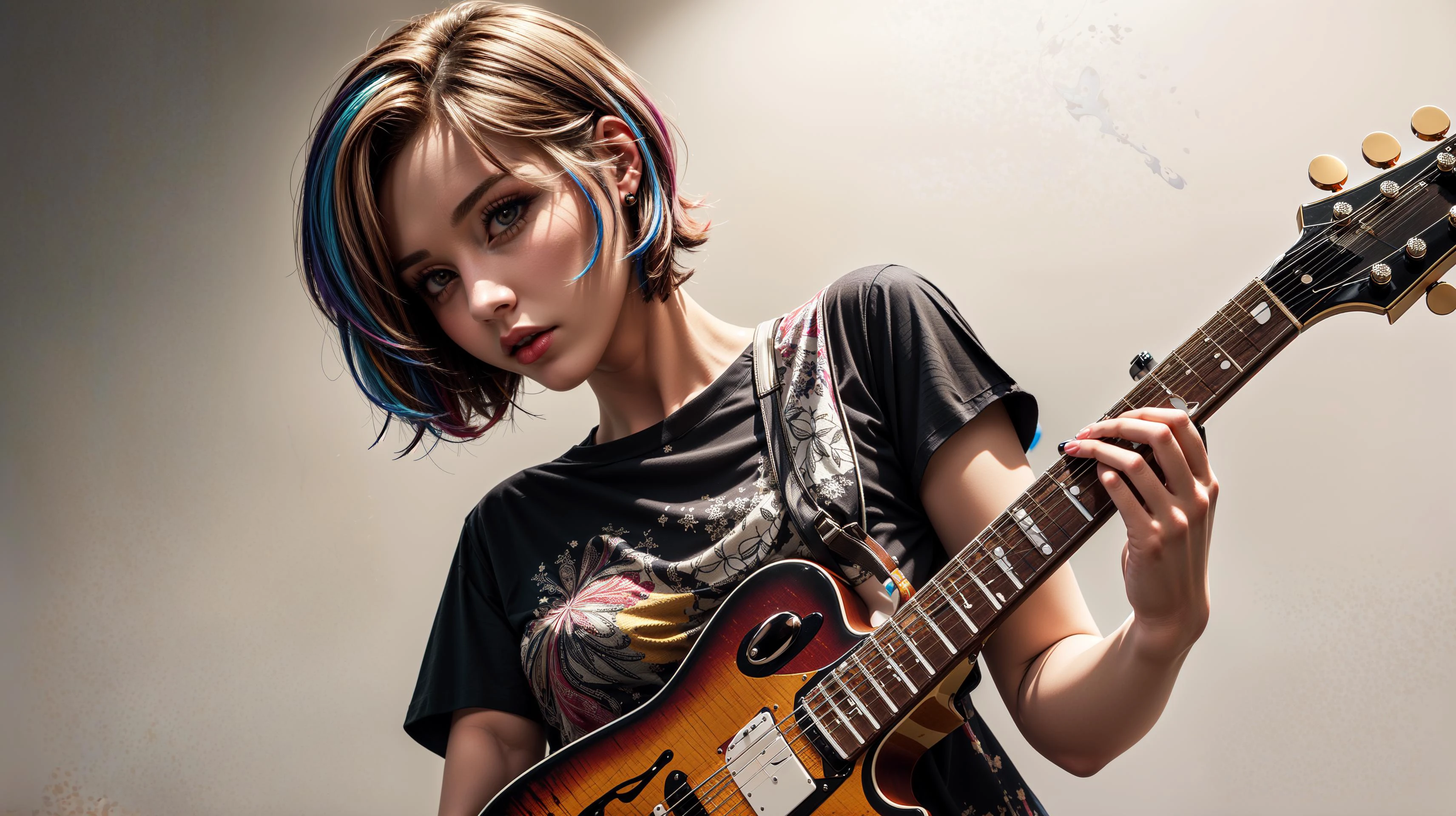 (masterpiece, best quality, highres), intricate detail, 1girl, buzz cut, colored inner hair, brown eyes, (very short hair:1.30), t-shirt, abstract printed shirt, armlet, holding guitar, stage, smoking, <lora:detailSliderALT2:2> ,