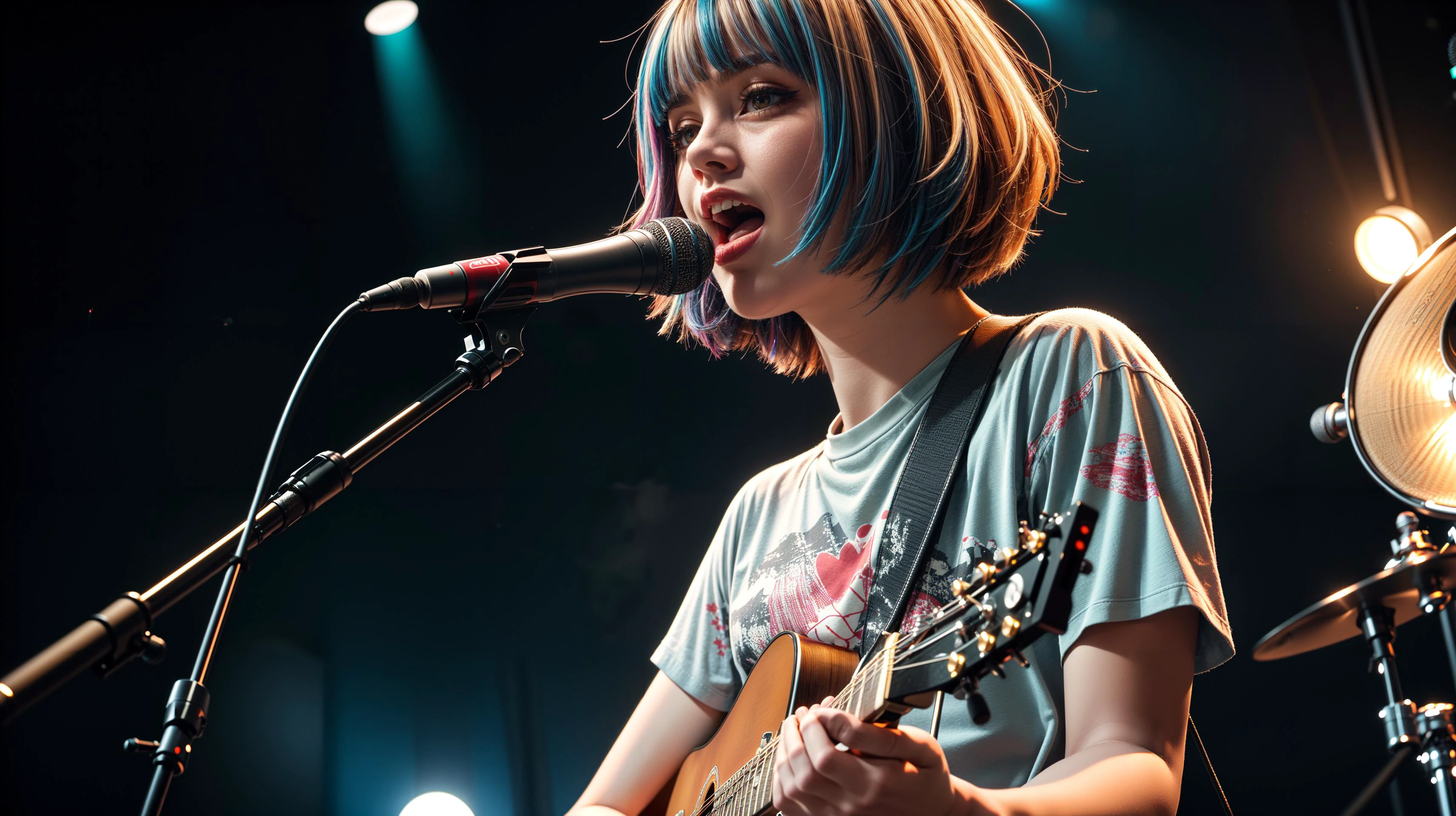 (masterpiece, best quality, highres), 1girl, buzz cut, colored inner hair, brown eyes, (very short hair:1.30), t-shirt, abstract printed shirt, armlet, standing, drum set, microphone, microphone stand, singing, emotional, pointing, amplifier, blue hour, playing acoustic guitar, sad, twilight, ISO12000, close-up,
<lora:detailSliderALT2:1.9>