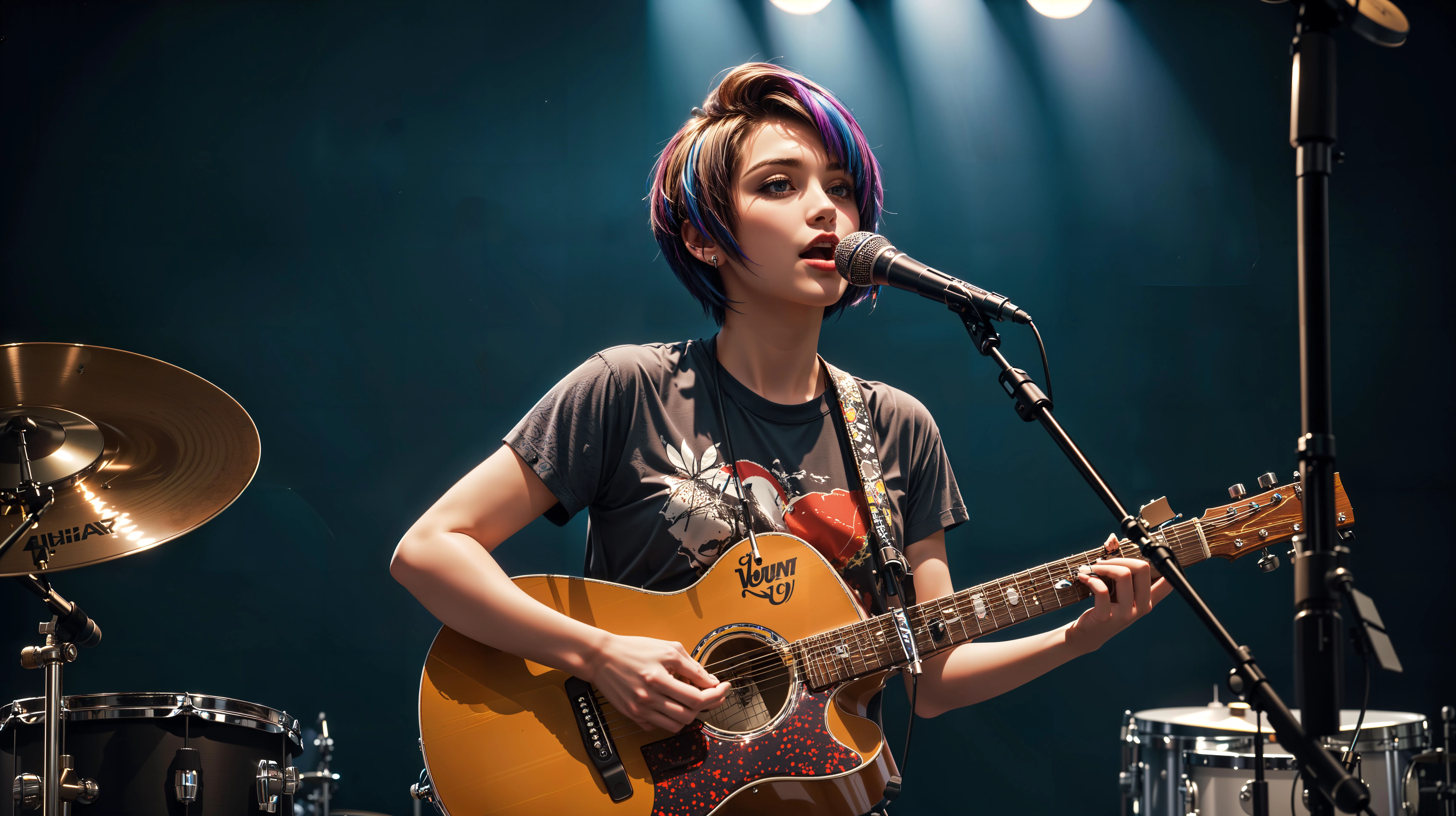 (masterpiece, best quality, highres), 1girl, buzz cut, colored inner hair, brown eyes, (very short hair:1.30), t-shirt, abstract printed shirt, armlet, sitting, drum set, microphone, microphone stand, amplifier, blue hour, playing acoustic guitar, sad, twilight, ISO12000
<lora:detailSliderALT2:1.2>