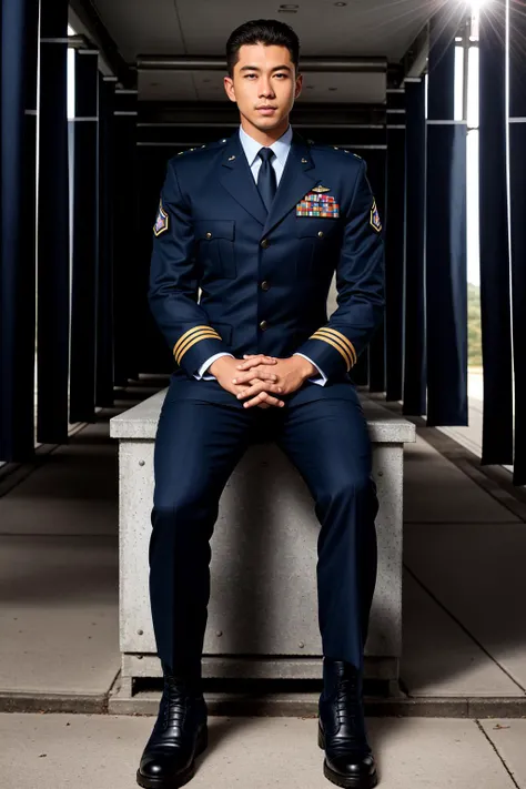 RAW photo, absurdres, high quality, photorealistic, sharp focus, airforce_uniform,
portrait of a man wearing an air force uniform, looking at viewer, upper body, pants, boots, sitting,
outdoors, sunlight,
photo realism, ultra-detailed, 50mm, f1. 4, 8k uhd, film grain,
<lora:airforce:1>