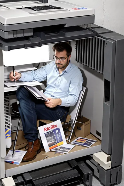 <lora:WorkInVendingMachine_V1d:0.83>, sitting inside a xerox printer, ((photo realistic)), a man holding a pen and paper, very tight space