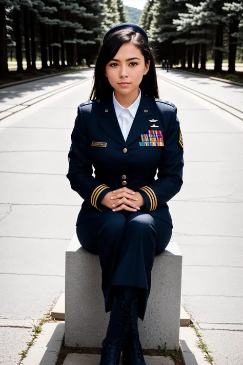 RAW photo, absurdres, high quality, photorealistic, sharp focus, airforce_uniform,
portrait of a woman wearing an air force uniform, looking at viewer, upper body, pants, boots, sitting,
outdoors, sunlight,
photo realism, ultra-detailed, 50mm, f1. 4, 8k uhd, film grain,
<lora:airforce:1>