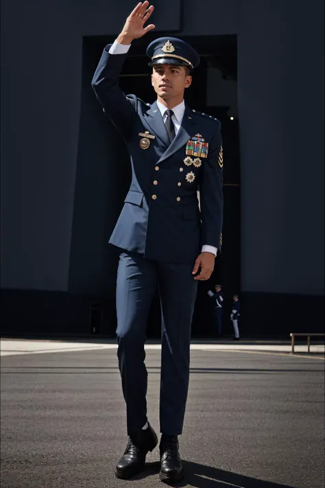 RAW photo, absurdres, high quality, photorealistic, sharp focus, airforce_uniform,
a man wearing an air force uniform, looking at viewer, upper body, pants, boots, waving at viewer,
outdoors, sunlight,
photo realism, ultra-detailed, 50mm, f1. 4, 8k uhd, film grain,
<lora:airforce:1>