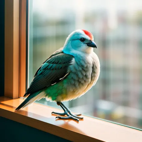 RAW photo, absurdres, high quality, photorealistic,
bird looking at viewer, indoors, window, sunlight,
8k uhd, dslr, film grain, Fujifilm XT3, 20 megapixel, detailed, sharp focus,