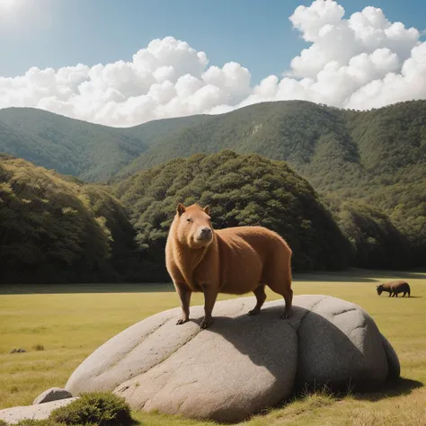 RAW photo, absurdres, high quality, photorealistic, detailed, realistic,
Capybara on a grassy plain, standing on a rock, sunlight, clouds,
soft lighting, magical photography, dramatic lighting, photo realism, ultra-detailed,
35mm, f/2.8, 8k uhd, dslr, film grain,