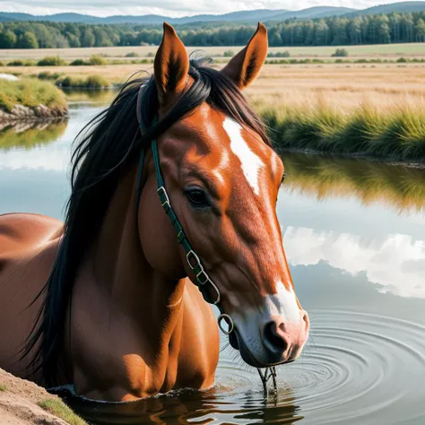 RAW photo, absurdres, high quality, photorealistic, detailed, realistic,
close up portrait of a horse on a grassy plain drinking water from a pond, sunlight, clouds,
soft lighting, magical photography, dramatic lighting, photo realism, ultra-detailed, national geographic,
35mm, f/2.8, 8k uhd, dslr, film grain,