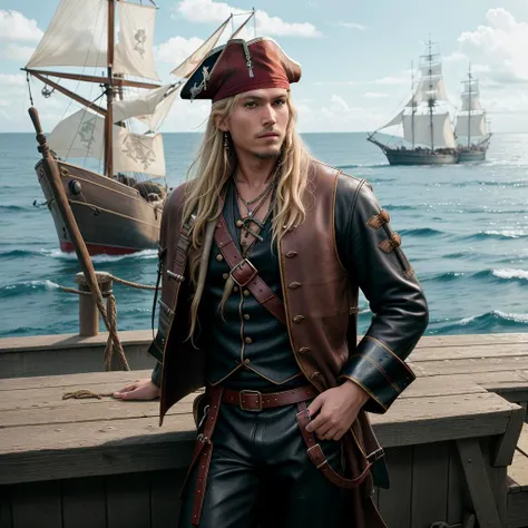 RAW photo, absurdres, high quality, photorealistic,
medieval (pirate:1.2) blond hair man, detailed skin, shirt, leather pants, leather straps, fur coat, standing, pirate ship, outdoors, water, ocean, clouds, sunlight,
8k uhd, dslr, film grain, Fujifilm XT3, 20 megapixel, detailed, sharp focus,