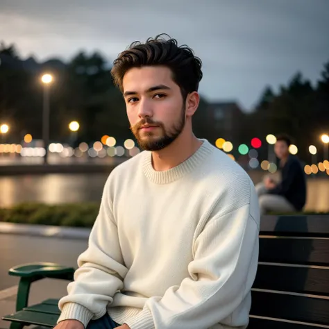 RAW photo, absurdres, high quality, photorealistic,
1boy, looking at viewer, sweater, sitting, short hair,  beard,
outdoors, night, park bench,
8k uhd, dslr, film grain, Fujifilm XT3, 20 megapixel, detailed, sharp focus,