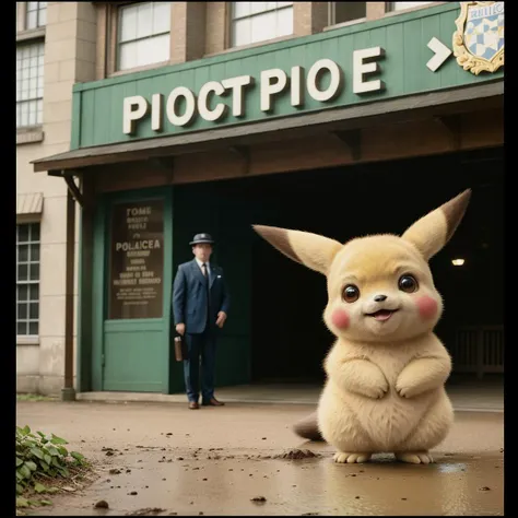 RAW photo, absurdres, high quality, photorealistic, vintage photograph, muddy color grading, sepia,
detective pikachu, outside a 1900's police station,
8k uhd, dslr, film grain, Fujifilm XT3, 20 megapixel, detailed, sharp focus,