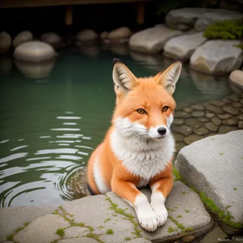 RAW photo, absurdres, high quality, photorealistic,
fox looking at viewer,
onsen, outdoors, water, rock, 
8k uhd, dslr, film grain, Fujifilm XT3, 20 megapixel, detailed, sharp focus,