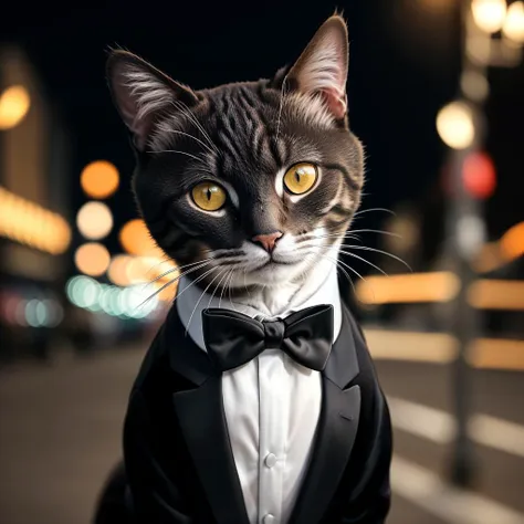 RAW photo, absurdres, high quality, photorealistic, detailed, realistic,
a cat wearing a (tuxedo:1.2), raising one paw,
outdoors, street lights, night,
harsh lighting, magical photography, dramatic lighting, photo realism, ultra-detailed,
35mm, f/2.8, 8k uhd, dslr, film grain,