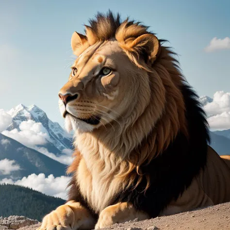 RAW photo, absurdres, high quality, photorealistic, detailed, realistic,
lion roaring on a mountain, sunlight, clouds,
harsh lighting, magical photography, dramatic lighting, photo realism, ultra-detailed,
35mm, f/2.8, 8k uhd, dslr, film grain,