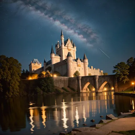 RAW photo, absurdres, high quality, photorealistic,
a castle with a moat, starry sky, night, brick, stone,
8k uhd, dslr, film grain, Fujifilm XT3, 20 megapixel, detailed, sharp focus,
