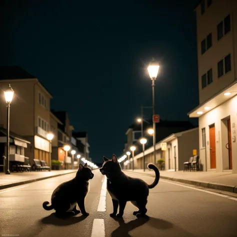 RAW photo, absurdres, high quality, photorealistic, detailed, realistic,
2 cats playing,
outdoors, street lights, night,
harsh lighting, magical photography, dramatic lighting, photo realism, ultra-detailed,
35mm, f/2.8, 8k uhd, dslr, film grain,