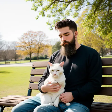 RAW photo, absurdres, high quality, photorealistic, 1boy, beard, sweater, sitting, holding a cat, outdoors, park, bench, sunlight, 8k uhd, dslr, film grain, Fujifilm XT3, 20 megapixel, detailed, sharp focus,