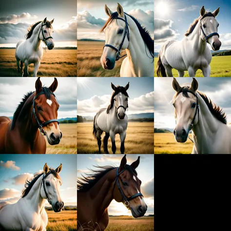 RAW photo, absurdres, high quality, photorealistic, detailed, realistic, close up portrait of a horse on a grassy plain, sunlight, clouds, soft lighting, magical photography, dramatic lighting, photo realism, ultra-detailed, national geographic, 35mm, f/2.8, 8k uhd, dslr, film grain,
